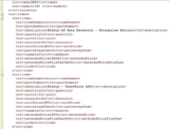 XML data for an InfoPath Invoice