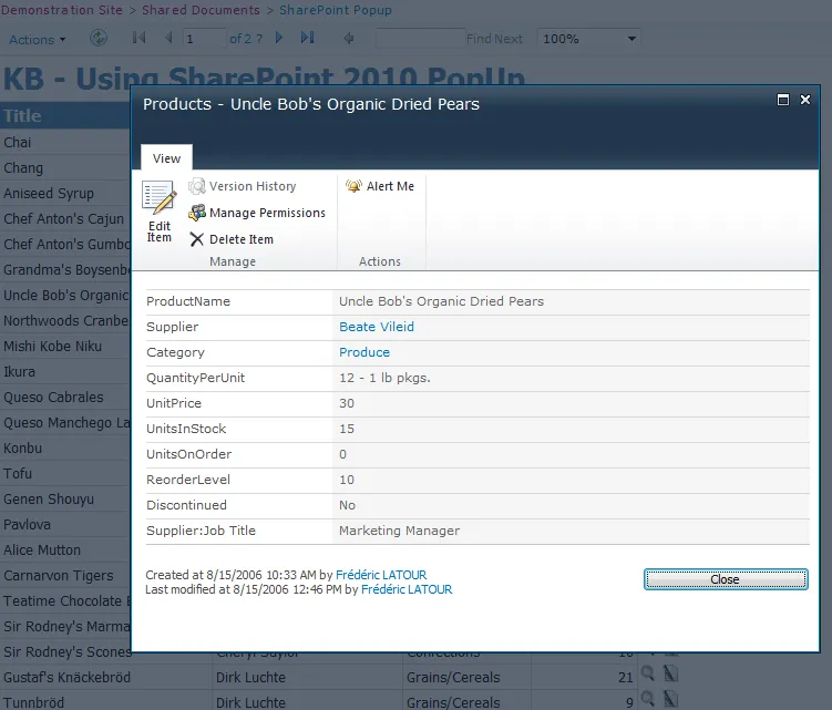 Popup for viewing item details