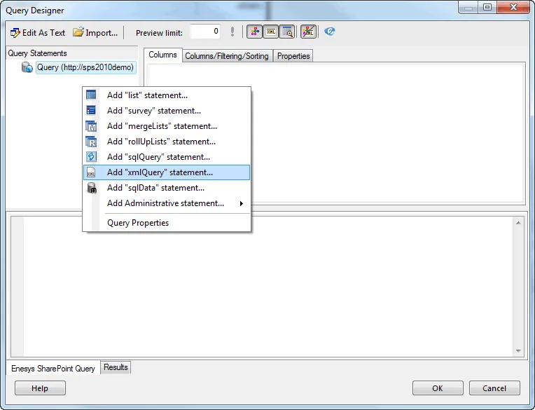 Adding a XmlQuery statement