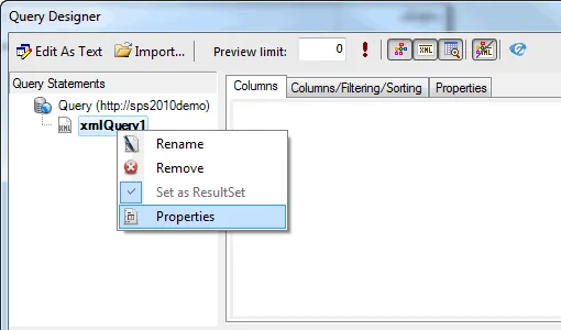 Edit XmlQuery statement properties