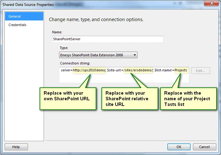 Change the shared data source properties