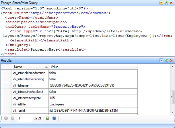 The metadata stored in the Property Bags of the 